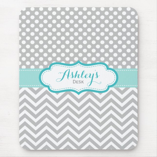 Grey and Aqua Personalised Polka Dots Pattern Mouse Mat (Front)