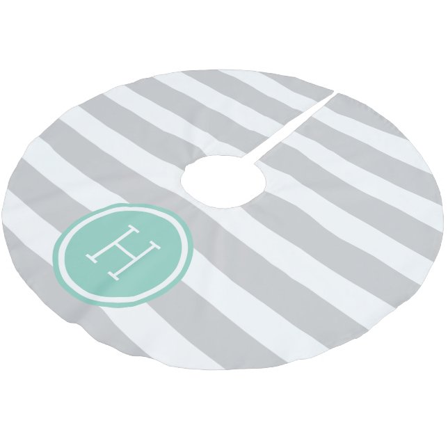 Grey and Aqua Preppy Stripes Monogram Brushed Polyester Tree Skirt (Angled)
