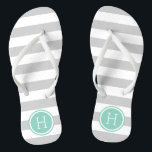 Grey and Aqua Preppy Stripes Monogram Flip Flops<br><div class="desc">Custom printed flip flop sandals with a preppy nautical stripe pattern and your custom monogram or other text in a circle frame. Click Customise It to change text fonts and colours or add your own images to create a unique one of a kind design!</div>