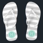 Grey and Aqua Preppy Stripes Monogram Flip Flops<br><div class="desc">Custom printed flip flop sandals with a preppy nautical stripe pattern and your custom monogram or other text in a circle frame. Click Customise It to change text fonts and colours or add your own images to create a unique one of a kind design!</div>