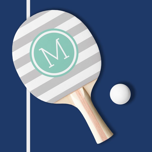 Grey and Aqua Preppy Stripes Monogram Ping Pong Paddle (Creator Uploaded)