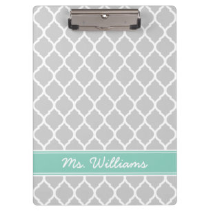 Grey and Aqua Quatrefoil Custom Monogram Clipboard