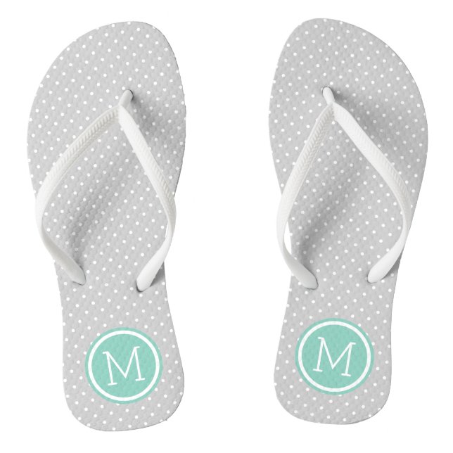 Grey and Aqua Tiny Dots Monogram Flip Flops (Footbed)