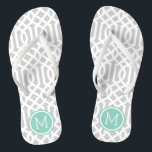 Grey and Aqua Trellis Monogram Flip Flops<br><div class="desc">Custom printed flip flop sandals with a stylish modern trellis pattern and your custom monogram or other text in a circle frame. Click Customise It to change text fonts and colours or add your own images to create a unique one of a kind design!</div>