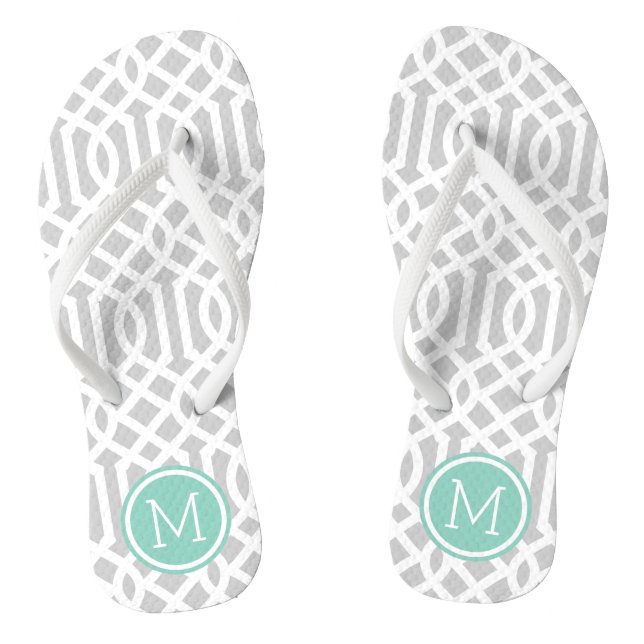 Grey and Aqua Trellis Monogram Flip Flops (Footbed)