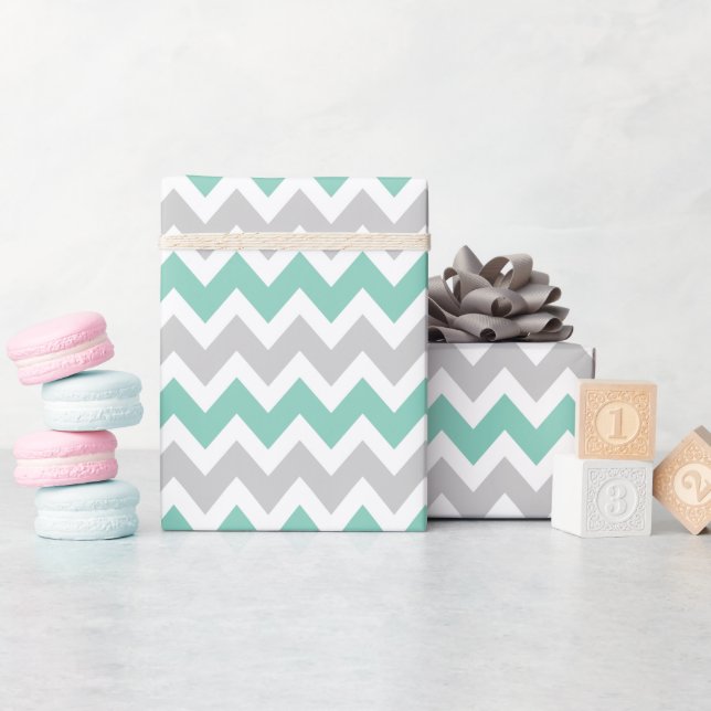 Grey and Aqua Zigzag Chevron Stripes Wrapping Paper (Baby Shower)