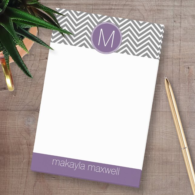 Grey and Aubergine Chevrons with Custom Monogram Post-it Notes (Custom Post-it Note Pads - Add your name and other text)