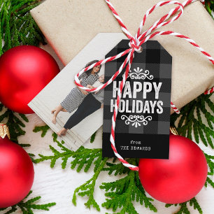 Grey and Black Buffalo Check Rustic Holiday Photo Gift Tags