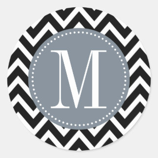 Grey and Black Chevron Custom Monogram Classic Round Sticker