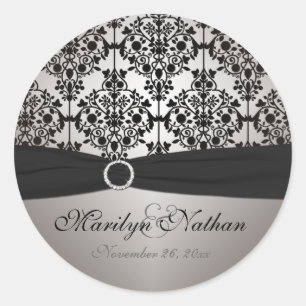 Grey and Black Damask 1.5" Round Sticker