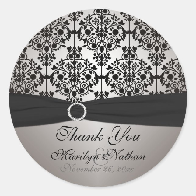 Grey and Black Damask 3" Round Sticker (Front)