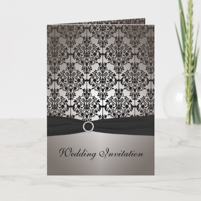 Grey and Black Damask Card Style Wedding Invite (Front)