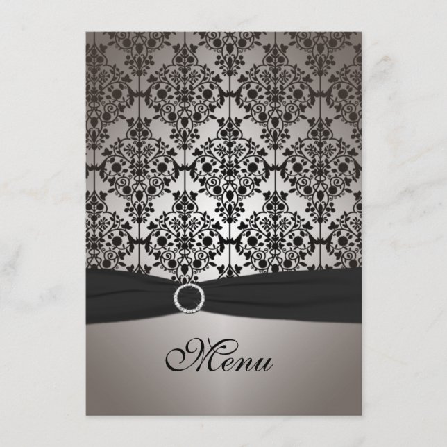 Grey and Black Damask Wedding Menu Card (Front)