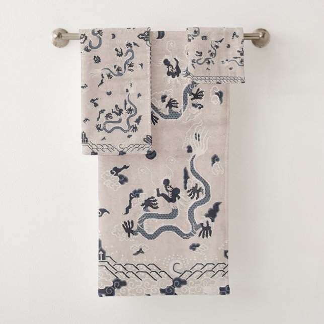 Grey and Black Deco Dragon Art Bath Towel Set (Insitu)