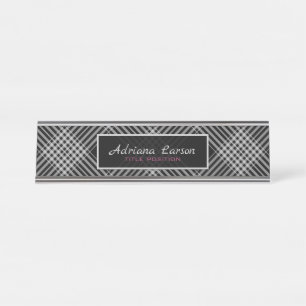 Grey And Black Diagonal Plaid Desk Name Plate