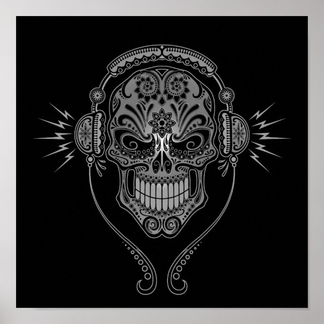 Grey and Black DJ Sugar Skull Poster (Front)