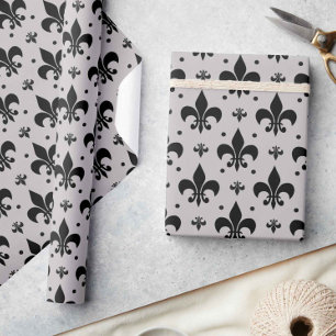 Grey and Black Fleur-de-lis Pattern Design Wrapping Paper