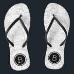 Grey and Black Floral Damask Monogram Flip Flops<br><div class="desc">Custom printed flip flop sandals with a stylish elegant floral damask pattern and your custom monogram or other text in a circle frame. Click Customise It to change text fonts and colours or add your own images to create a unique one of a kind design!</div>