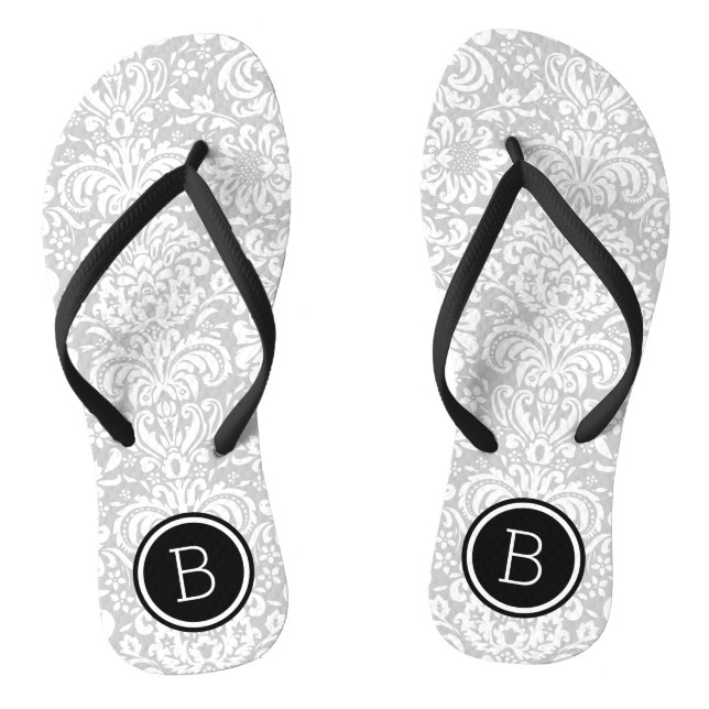 Grey and Black Floral Damask Monogram Flip Flops (Footbed)