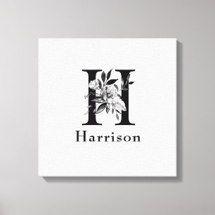Grey and Black Floral Monogram Letter H Custom Canvas Print