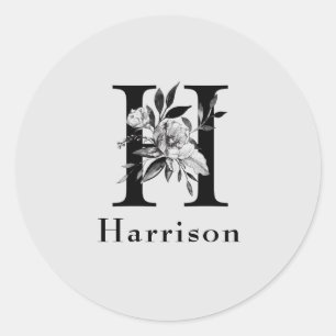 Grey and Black  Floral Monogram Letter H Custom Classic Round Sticker