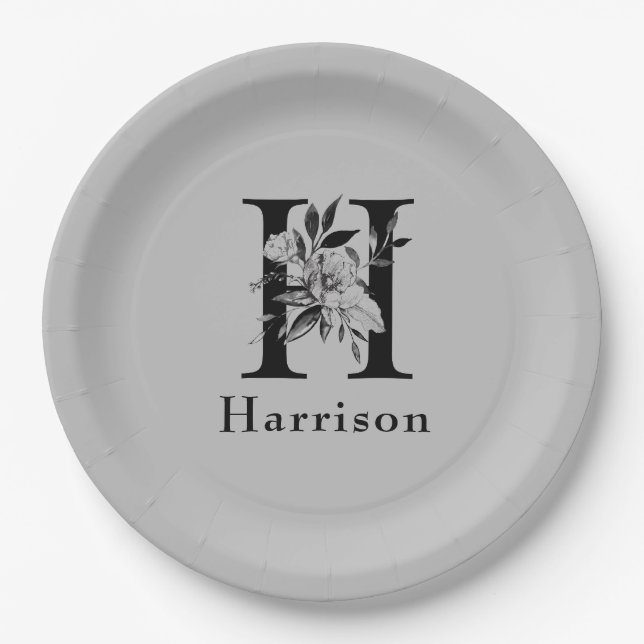 Grey and Black  Floral Monogram Letter H Custom Paper Plate (Front)