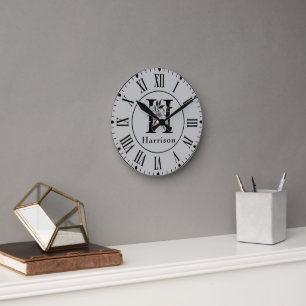 Grey and Black  Floral Monogram Letter H Custom Round Clock