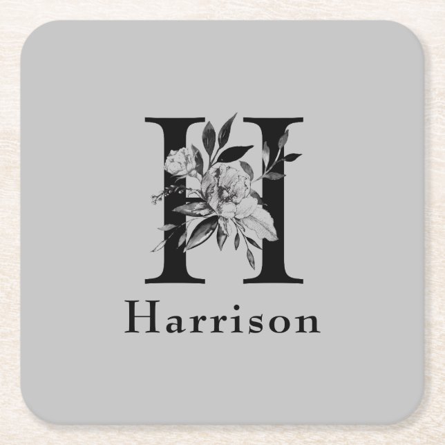 Grey and Black  Floral Monogram Letter H Custom Square Paper Coaster (Front)