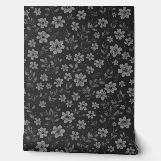 Grey and black floral pattern wallpaper (Unrolling)