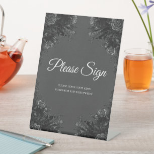 Grey and black floral wedding pedestal sign