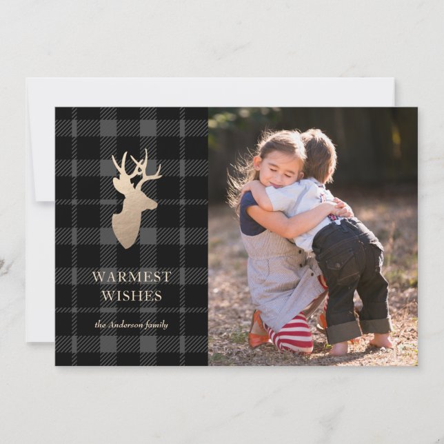 Grey and Black Golden Deer Holiday Photo Card (Front)