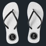 Grey and Black Greek Key Monogram Flip Flops<br><div class="desc">Custom printed flip flop sandals with a stylish modern Greek key pattern and your custom monogram or other text in a circle frame. Click Customise It to change text fonts and colours or add your own images to create a unique one of a kind design!</div>