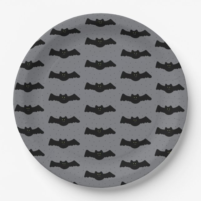 Grey and Black Halloween Bats Paper Plate (Front)