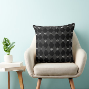 Grey and Black Harlequin Design with Gothic Cross  Cushion