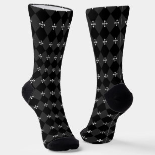 Grey and Black Harlequin Design with Gothic Cross Socks