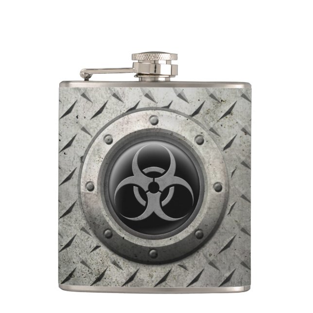Grey and Black Industrial Biohazard Steel Effect Hip Flask (Front)
