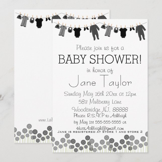 Grey and Black Little Clothes Baby Shower Invitation (Front/Back)