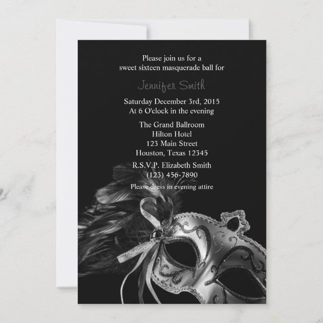 Grey and Black Masquerade Sweet 16 Ball Invitation (Back)