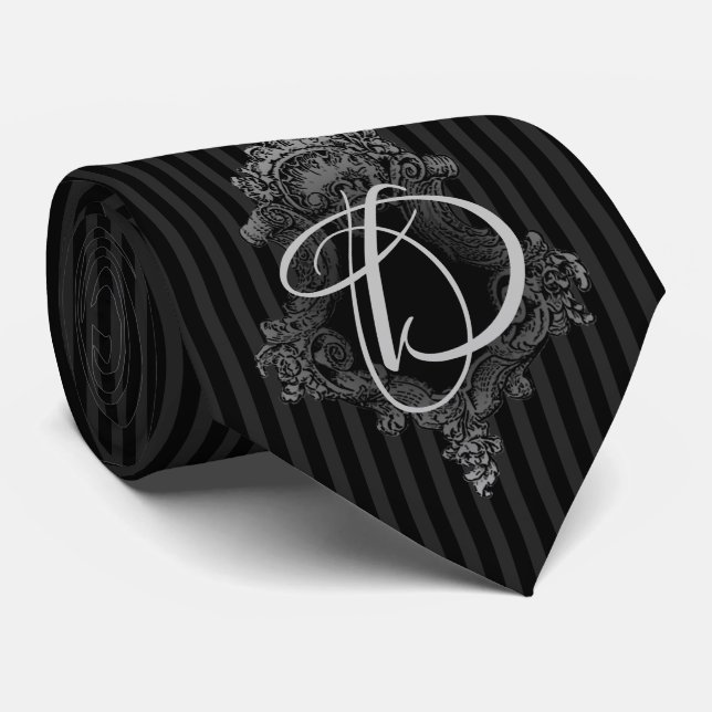 Grey and Black Monogram Initial Tie (Rolled)