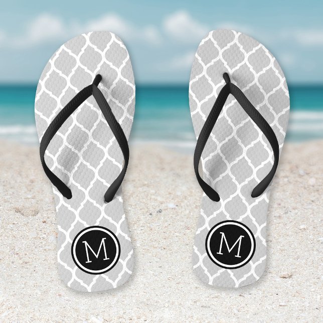 Grey and Black Moroccan Quatrefoil Monogram Flip Flops (Creator Uploaded)