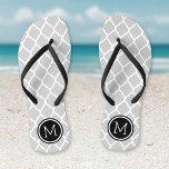 Grey and Black Moroccan Quatrefoil Monogram Flip Flops<br><div class="desc">Custom printed flip flop sandals with a stylish Moroccan quatrefoil pattern and your custom monogram or other text in a circle frame. Click Customise It to change text fonts and colours or add your own images to create a unique one of a kind design!</div>