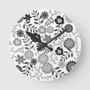 Grey and black pattern floral round clock