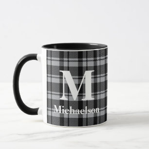 Grey and Black Plaid with Monogram Name Mug
