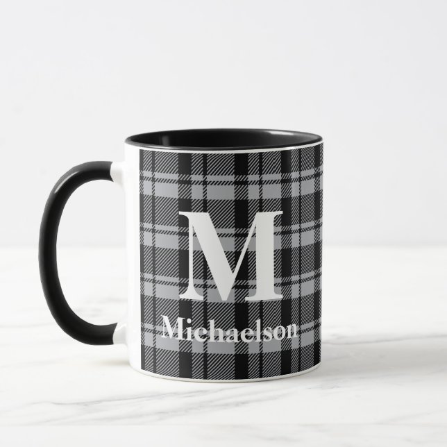 Grey and Black Plaid with Monogram Name  Mug (Left)
