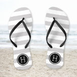Grey and Black Preppy Stripes Monogram Flip Flops<br><div class="desc">Custom printed flip flop sandals with a preppy nautical stripe pattern and your custom monogram or other text in a circle frame. Click Customise It to change text fonts and colours or add your own images to create a unique one of a kind design!</div>