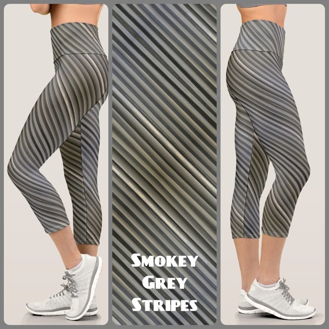 Grey and Black Smokey Monochromatic Stripes Chic Capri Leggings (Creator Uploaded)