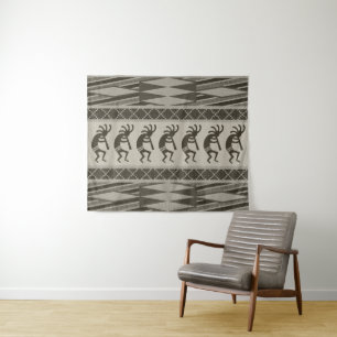 Grey And Black Southwest Kokopelli Aztec Pattern Tapestry