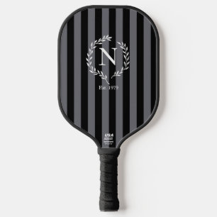 Grey and Black Stripes Monogram Wreath Est Year Pickleball Paddle