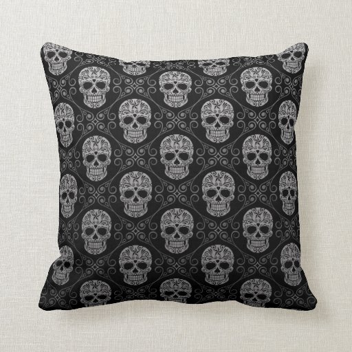 Image of Grey and Black Sugar Skull Pattern Cushion