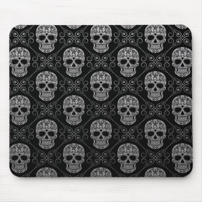 Grey and Black Sugar Skull Pattern Mouse Mat (Front)